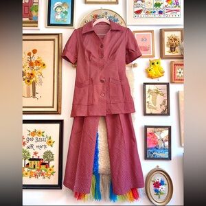 Vintage 1970s Jovy Polka Dot Two-Piece Pantsuit Set Flare Pants– Made in Canada